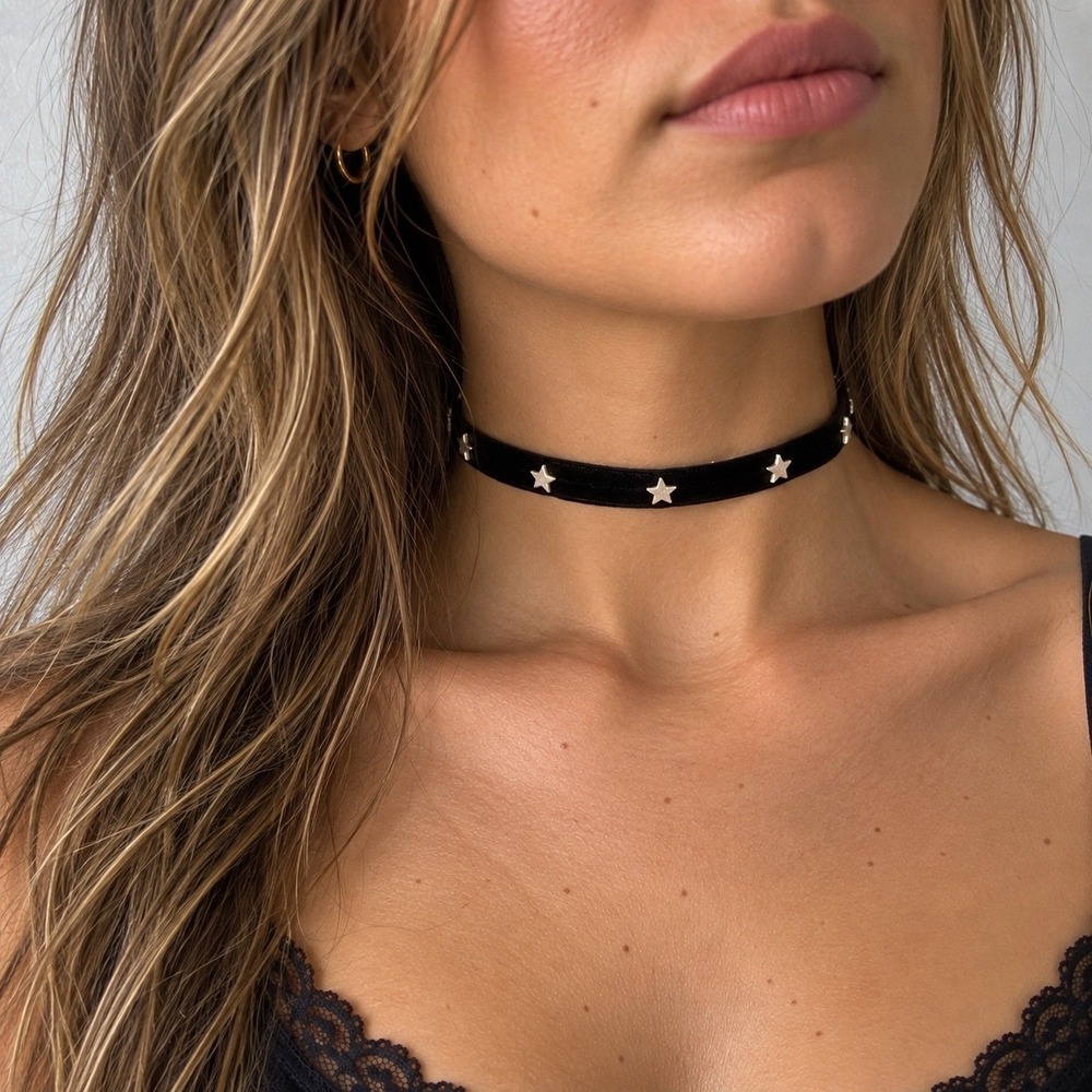 Ettika Revolve Black Velvet Gold Star Choker Necklace NWT